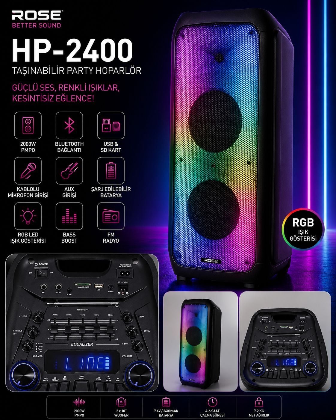 Rose HP-2400 Partybox Kablosuz Çift El Mikrofonlu Sarjlı Bluetooth Dual 10' Hoparlör