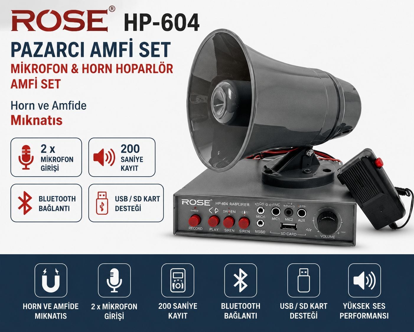 ROSE HP-604 Pazarcı Amfi Set Mikrofon & Horn Hoparlör