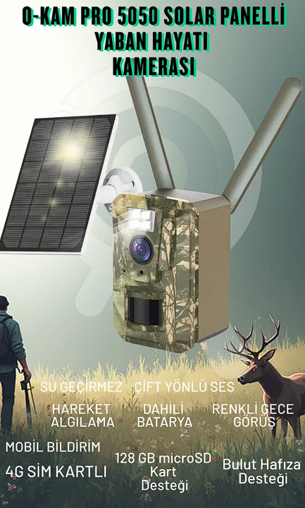 O-Kam 5050 4g Fotokapan Kamuflaj Avcılık Doğal Yaşam Kamerası Sim Kartlı Güneş Enerjili