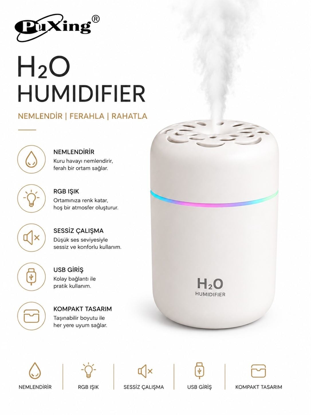 H2O 3501 USB KABLOLU RENKLİ HAVA NEMLENDİRİCİ