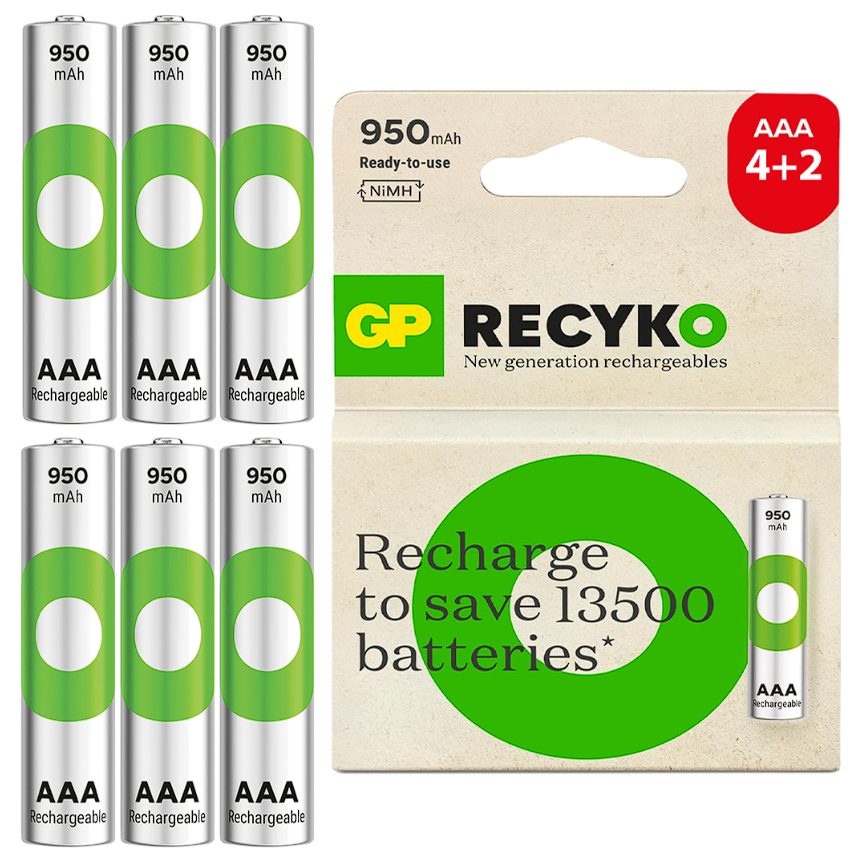 GP BATTERİES RECYKO 950MAH AAA İNCE KALEM 6 ADET Nİ-MH ŞARJLI PİL 1.2 VOLT