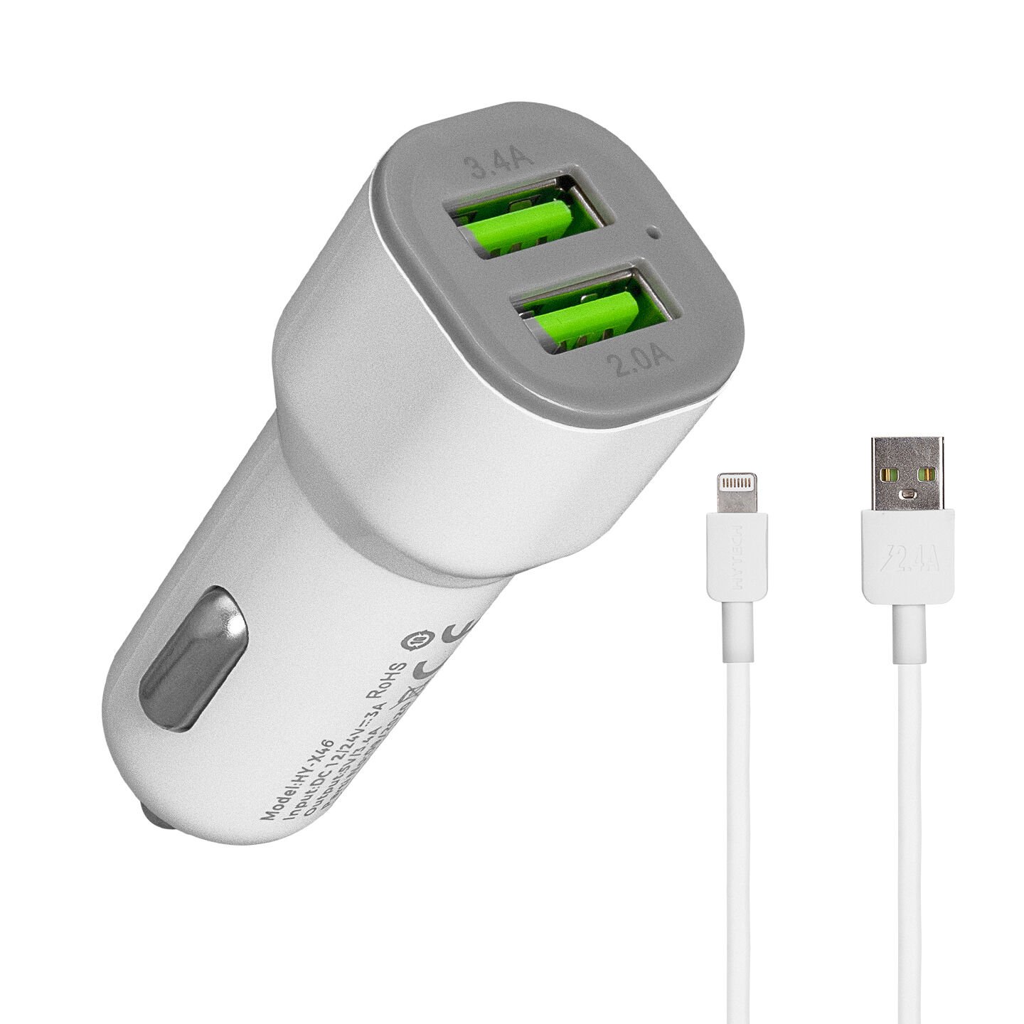 Hytech HY-X44 iPhone Lightning Kablolu 3.1A Hızlı Şarj 2 USB Beyaz Araç Şarj Cihazı (F-59)