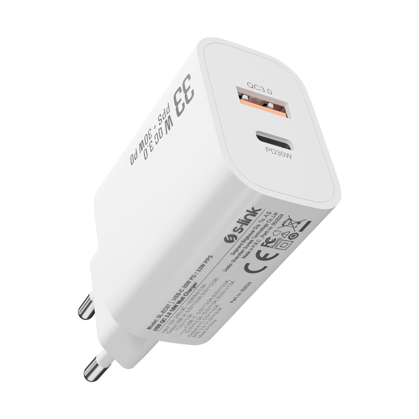 S-link SL-EC67 Type USB-C 30W PD / 33W PPS USB QC 3.0 18W Hızlı Ev Şarj Adaptörü (F-60)