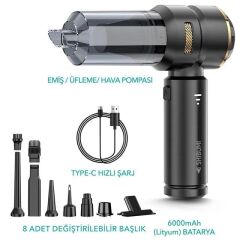 Shibumi Tornada 100 Watt 6000mAh 16000pa Çekiş Gücü 8 Adet Başlıklı Şarjlı Güçlü Üfleme Araç İçi Süpürge