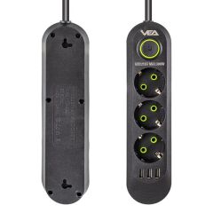 Vea VA-21557 3'lü 3 USB'li 1.5 Metre Akım Korumalı Priz Siyah