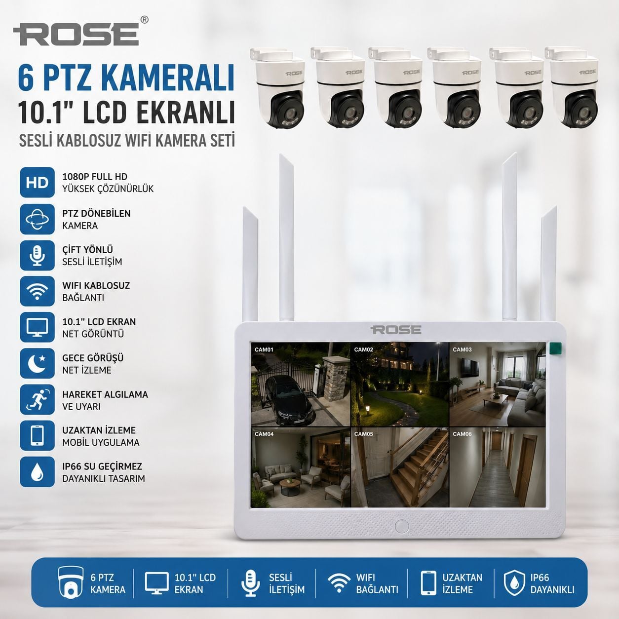 Rose 6 PTZ Kameralı 10.1'' Lcd Ekranlı Sesli Kablosuz Wifi Kamera Seti
