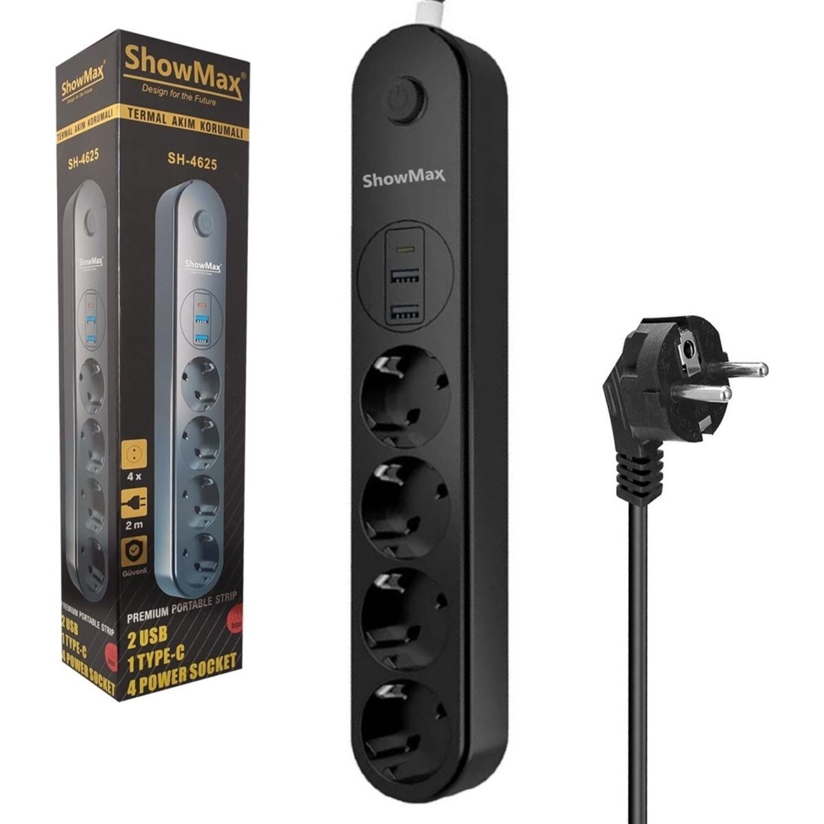 SH-4625 Termal Akım Korumalı Uzatma Kablosu (4priz+2usb+1 Type-C)