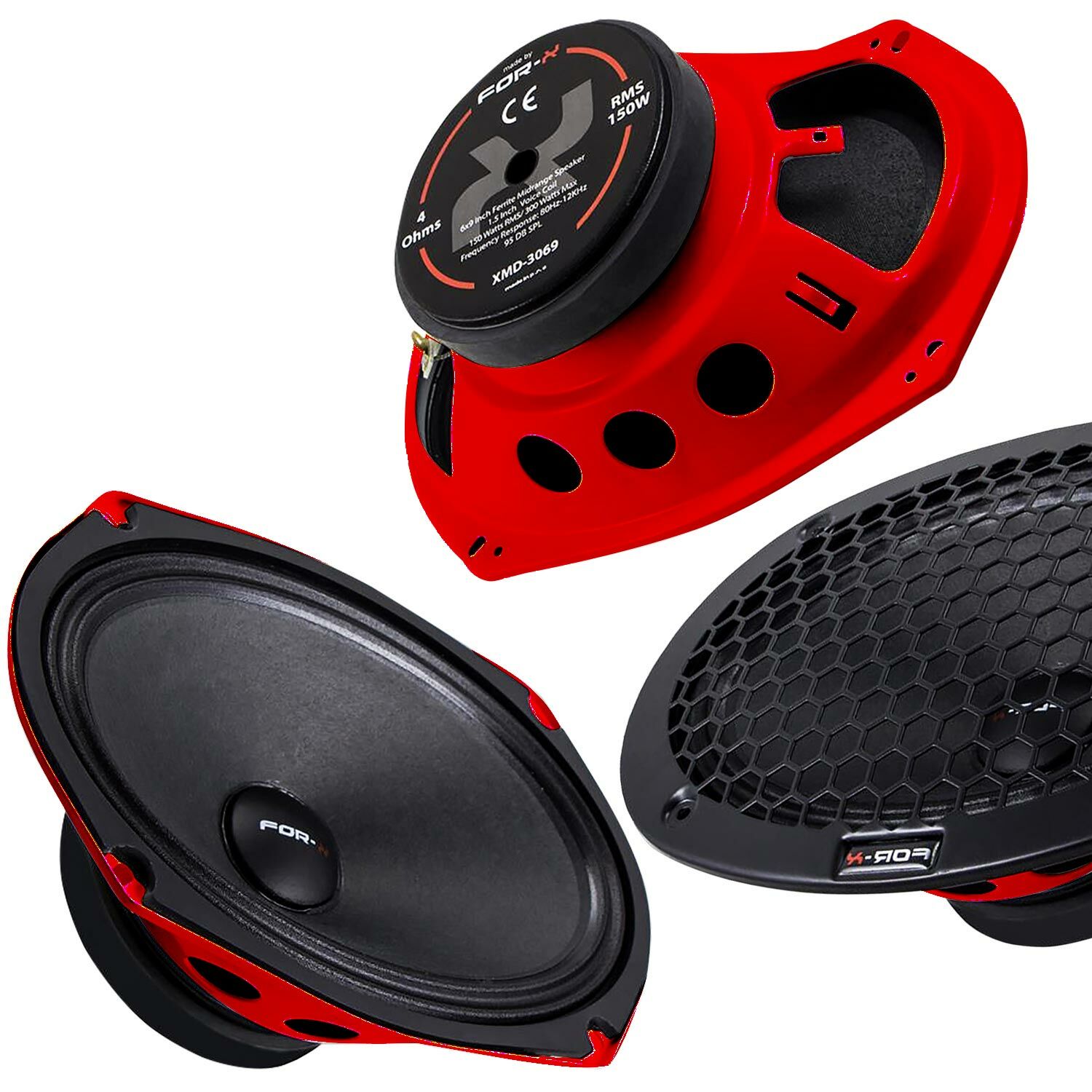 FOR-X XMD-3069 Oto Midrange Oval 6x9 300W Kapaklı 2 Adet Kırmızı