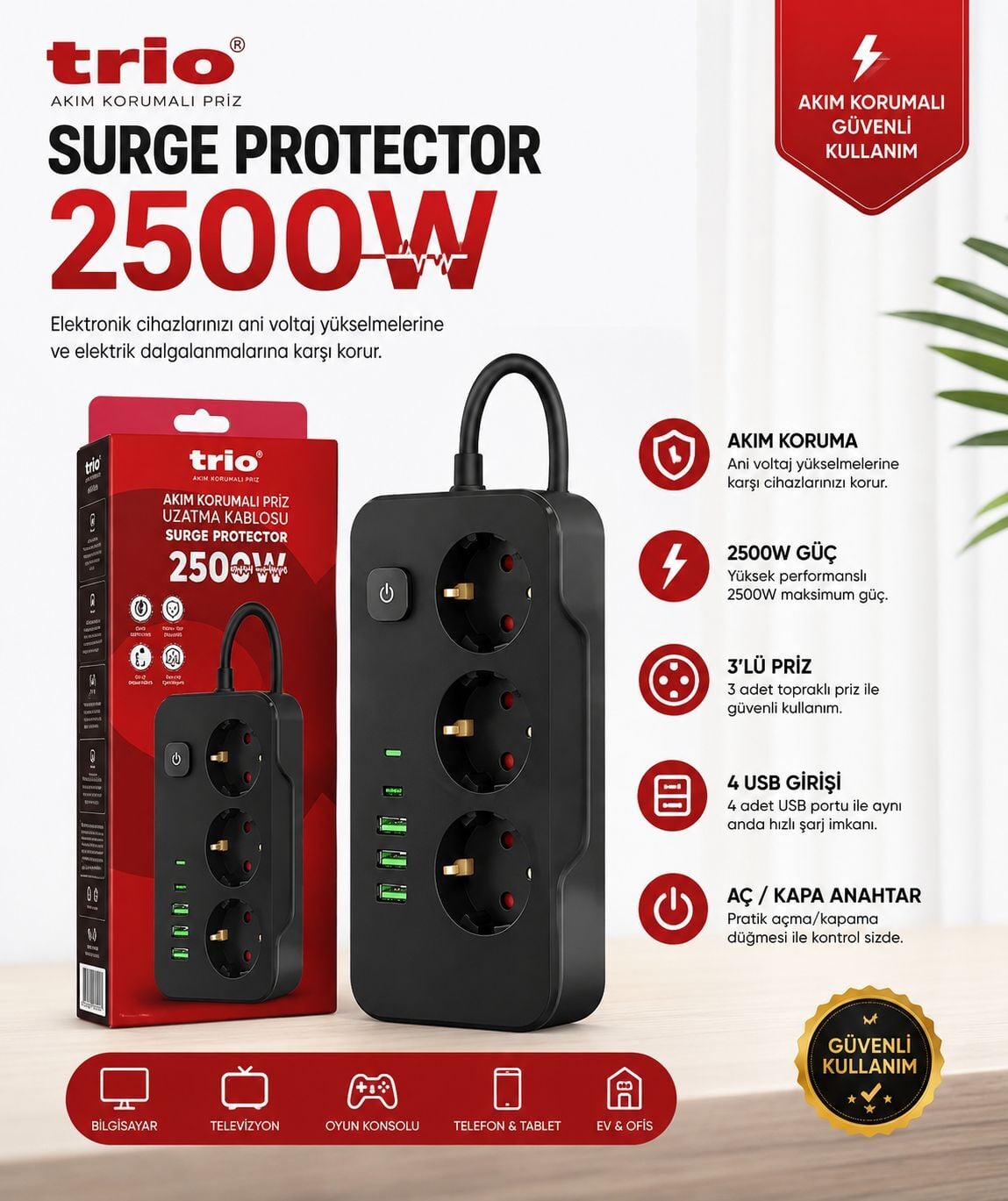 TRİO TR-3439 3 LÜ (3*USB+2*TYPE-C) 2500W 2MT AKIM KORUMALI PRİZ
