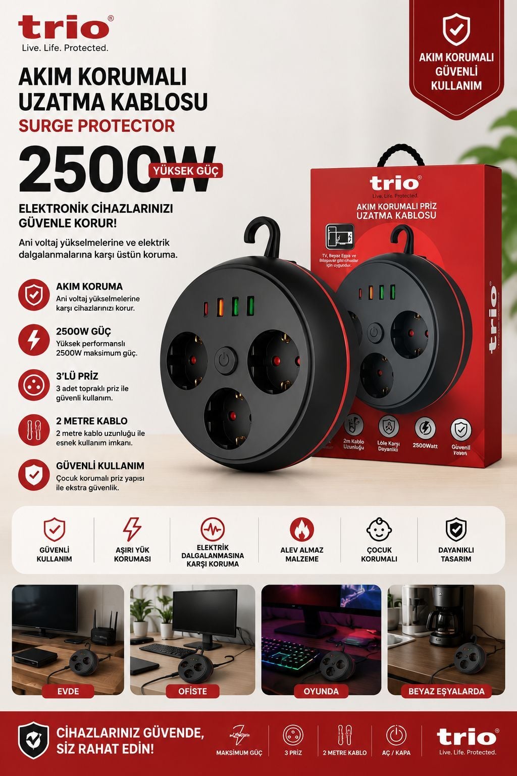 TRİO TR-3444 3 LÜ (3*USB+1*TYPE-C) 100-250V 2MT AKIM KORUMALI PRİZ