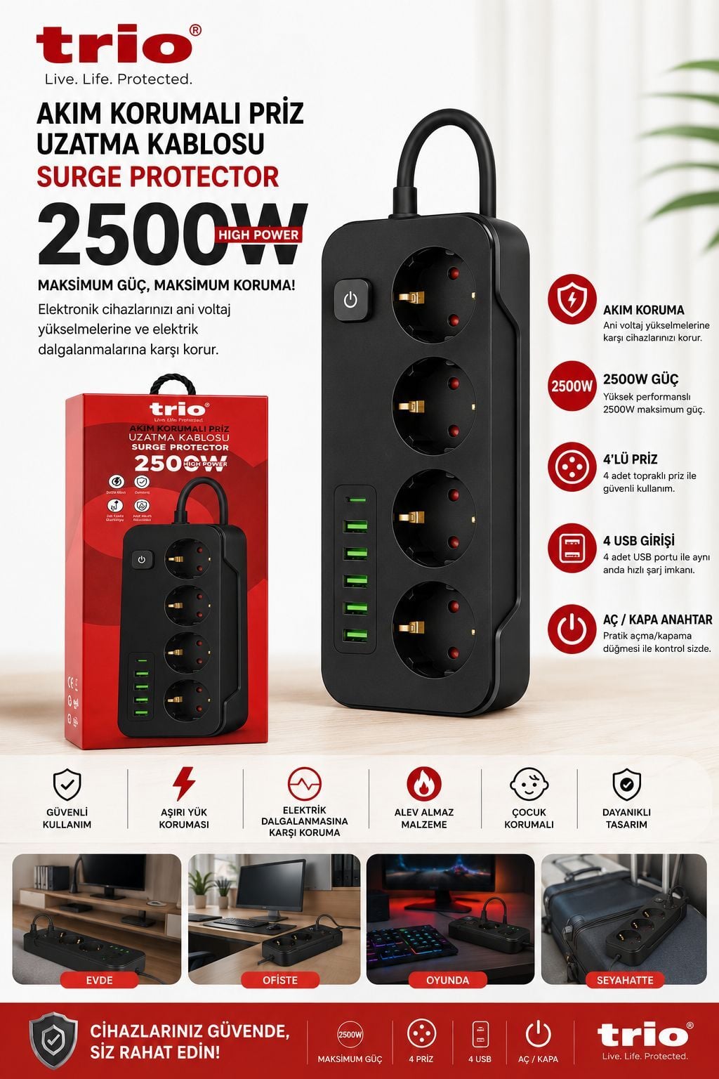 TRİO TR-3440 4 LÜ (3*USB+2*TYPE-C) 2500W 2MT AKIM KORUMALI PRİZ