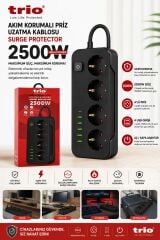 TRİO TR-3440 4 LÜ (3*USB+2*TYPE-C) 2500W 2MT AKIM KORUMALI PRİZ