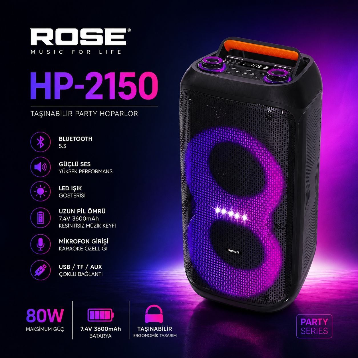Rose HP-2150 Partybox Kablosuz El Mikrofonlu Sarjlı Bluetooth Dual 6.5' Hoparlör