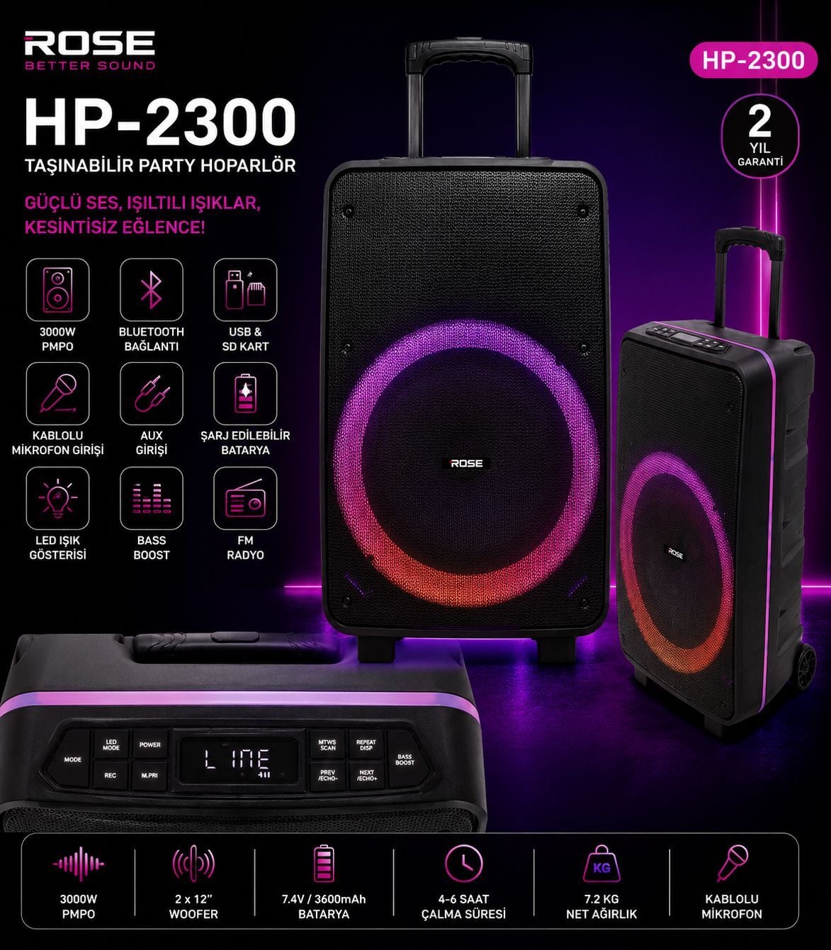Rose HP-2300 Partybox Kablosuz Çift El Mikrofonlu Sarjlı Bluetooth 15' Hoparlör
