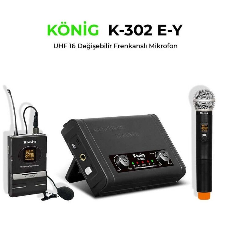 KÖNİG K-302-UHF-SABİT-ÇİFT KANAL 1 EL + 1 YAKA TELSİZ MİKROFON